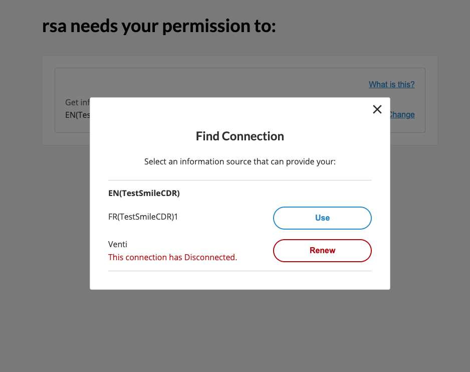 The Connections Screen during a Consent flow in the WebUI